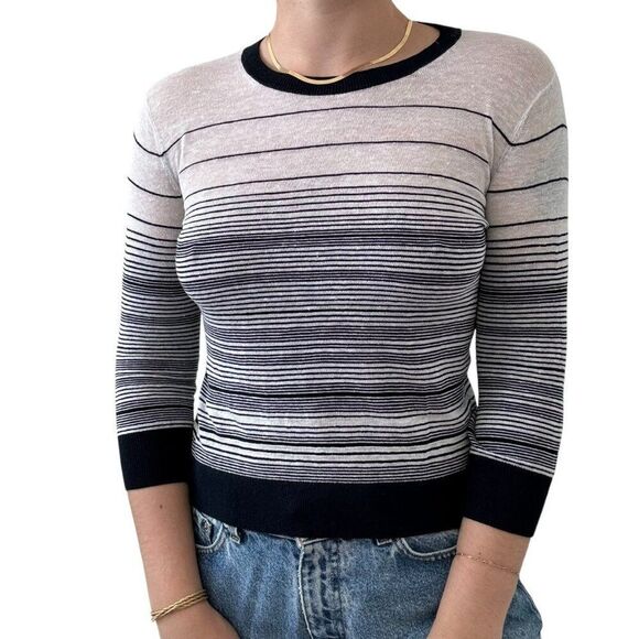 Theory Womens Navy Blue White Striped Linen Blend Sheer Sweater Petite Small - Picture 1 of 3